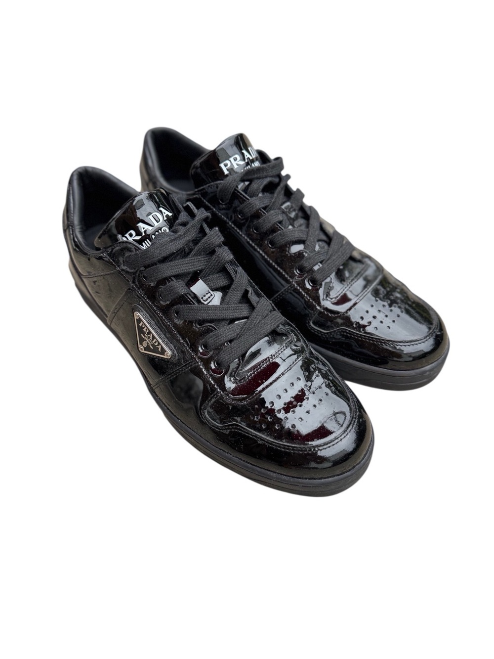 Prada Black Patent Leather Low-Top Sneakers with Logo Plaque